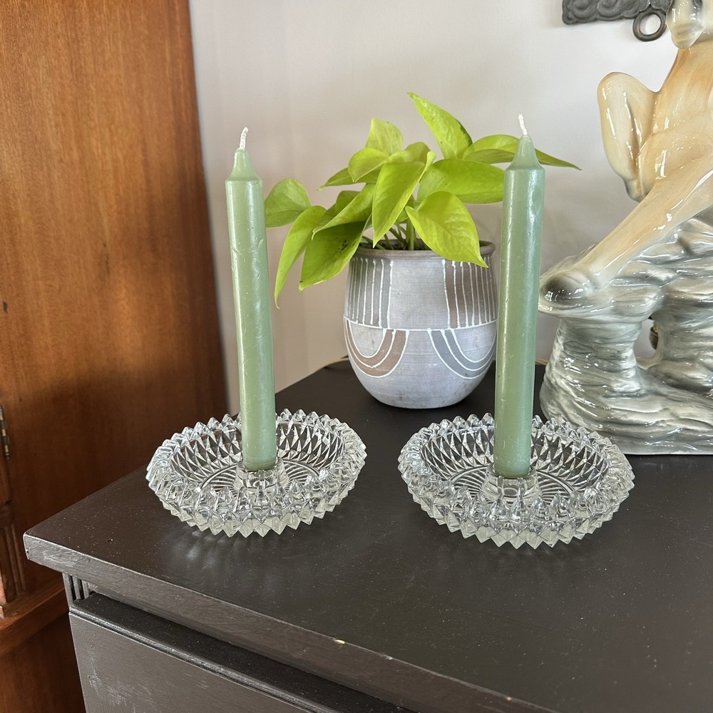 VTG Set Of 2 Crystal Round Cut Glass Candlestick Holders MCM Elegant Decor 5"‎